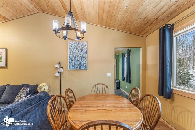 33773 Ruth Glacier Ave, Talkeetna, AK 99676 - dining space with vaulted ceiling, wooden ceiling, a chandelier, plenty of natural light, and baseboards