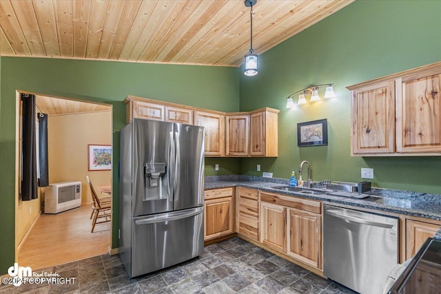 33773 Ruth Glacier Ave, Talkeetna, AK 99676 - kitchen with stainless steel appliances, wooden ceiling, a sink, light brown cabinetry, and vaulted ceiling