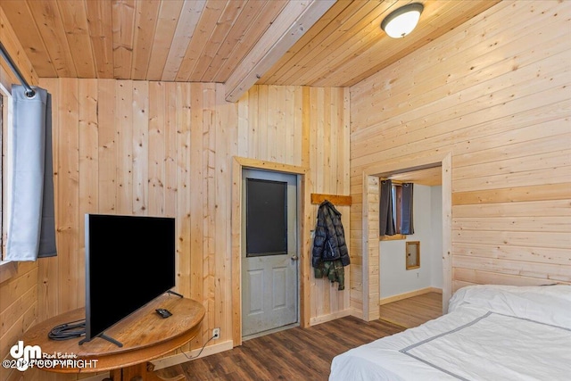 33773 Ruth Glacier Ave, Talkeetna, AK 99676 - bedroom with wood ceiling with exposed beams, wooden walls, wood finished floors, and baseboards