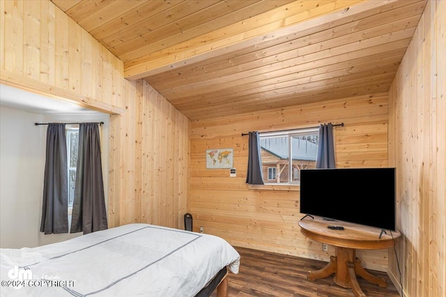 33773 Ruth Glacier Ave, Talkeetna, AK 99676 - bedroom featuring wooden ceiling, wooden walls, dark wood-style flooring, and multiple windows