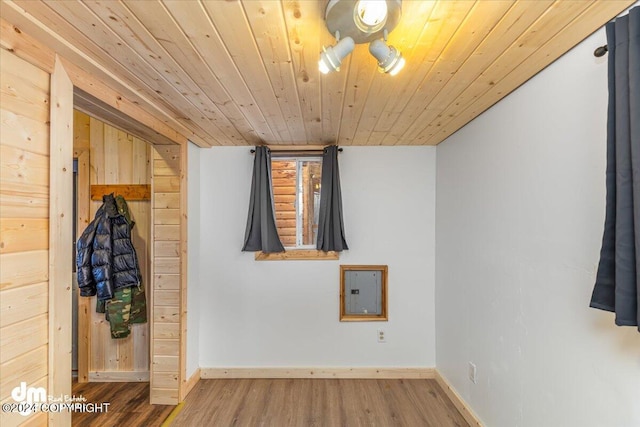 33773 Ruth Glacier Ave, Talkeetna, AK 99676 - corridor featuring wood finished floors, wooden ceiling, baseboards, and electric panel