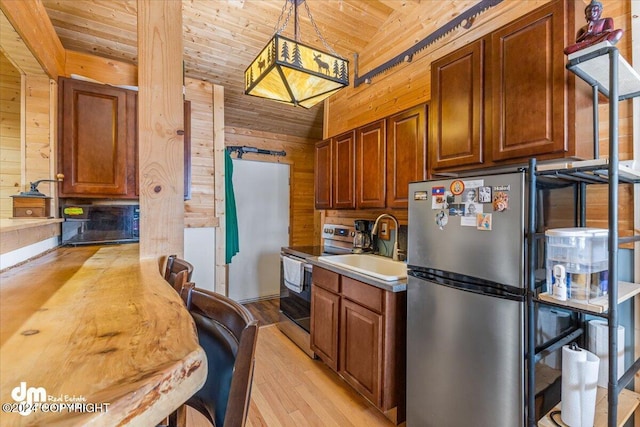 33773 Ruth Glacier Ave, Talkeetna, AK 99676 - kitchen with stainless steel appliances, wood ceiling, wood walls, light wood-style flooring, and a sink