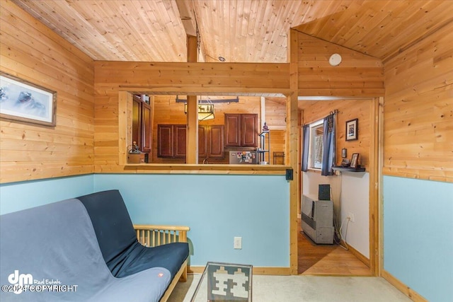 33773 Ruth Glacier Ave, Talkeetna, AK 99676 - sitting room featuring wooden walls, vaulted ceiling, wood ceiling, and baseboards