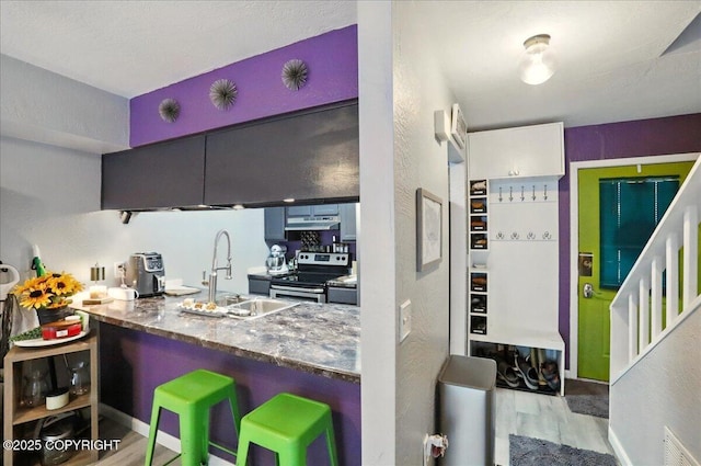 kitchen with stainless steel electric stove, a sink, wood finished floors, under cabinet range hood, and dark stone counters