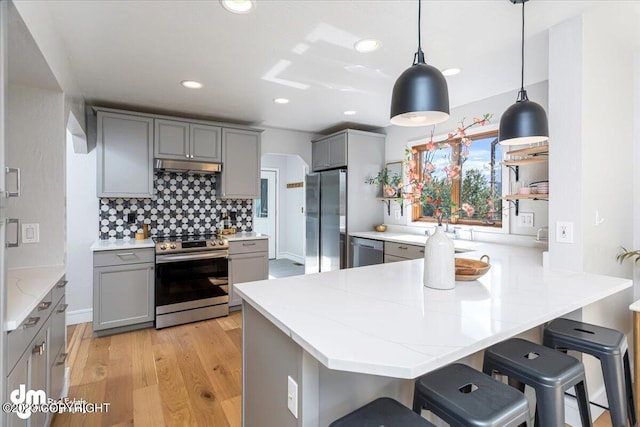 174 E Leota St, Wasilla, AK 99654 - kitchen featuring stainless steel appliances, gray cabinetry, under cabinet range hood, a peninsula, and recessed lighting
