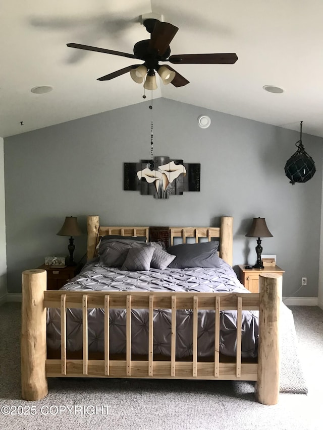 2295 N Filly Cir, Wasilla, AK 99654 - carpeted bedroom featuring vaulted ceiling, baseboards, and ceiling fan