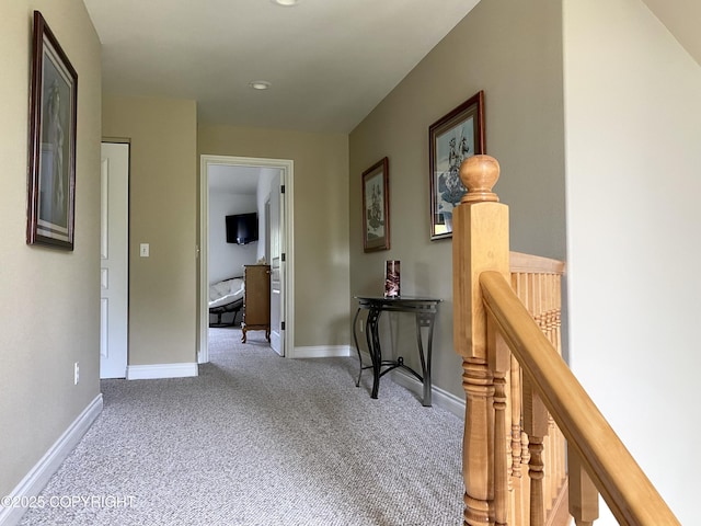 2295 N Filly Cir, Wasilla, AK 99654 - corridor with an upstairs landing, carpet, baseboards, and recessed lighting