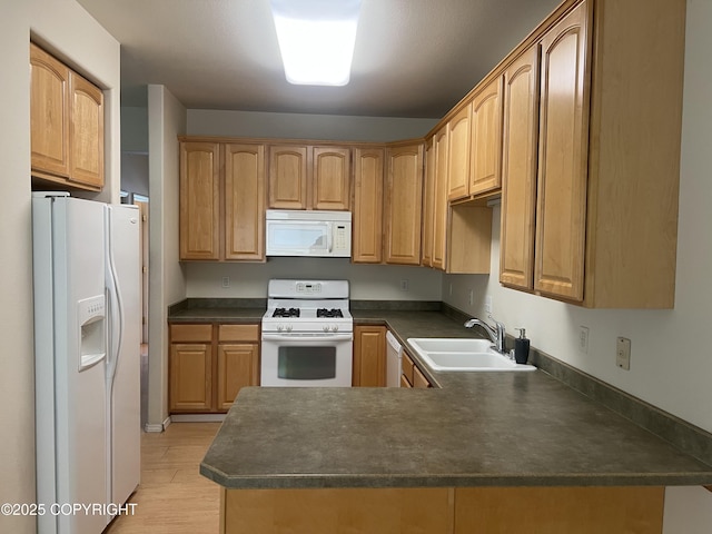 4766 Grumman St Unit 4766, Anchorage, AK 99507 - kitchen featuring white appliances, a sink, dark countertops, a peninsula, and light wood-style floors