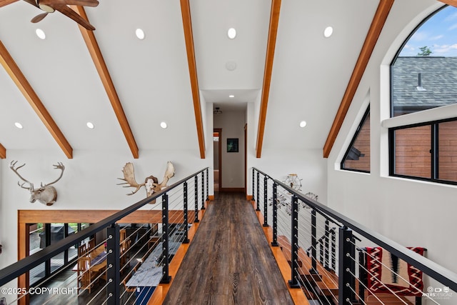 52619 Chumelina Ct, Kasilof, AK 99610 - hallway featuring beam ceiling, recessed lighting, wood finished floors, and an upstairs landing