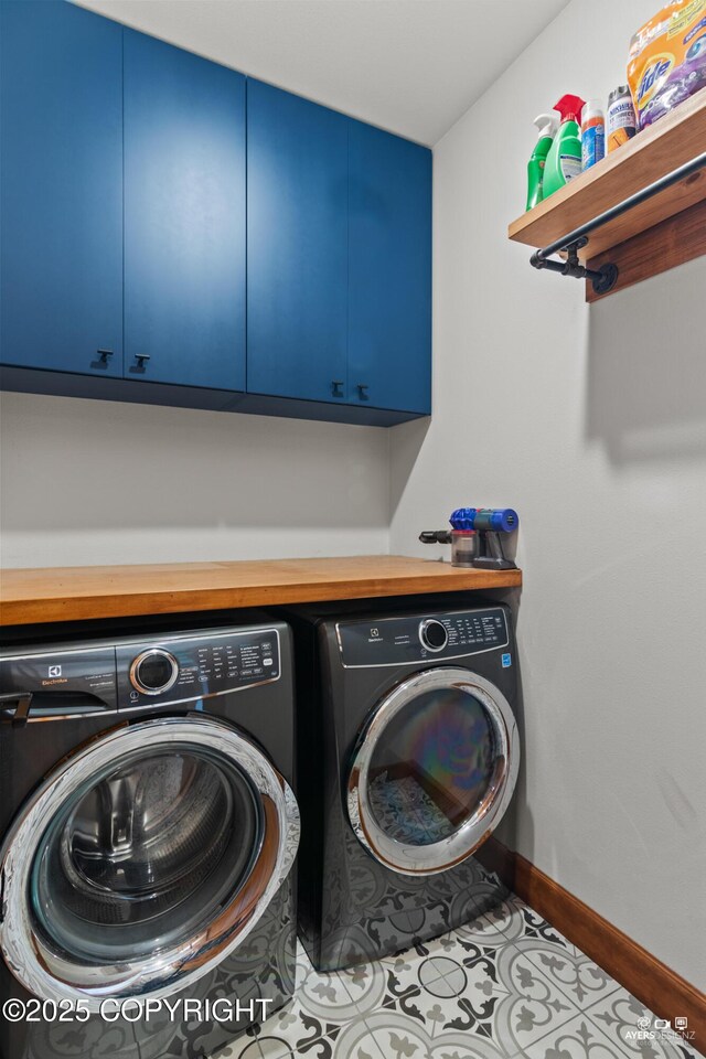 52619 Chumelina Ct, Kasilof, AK 99610 - laundry room featuring washing machine and dryer, cabinet space, and baseboards
