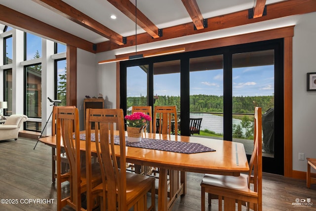 52619 Chumelina Ct, Kasilof, AK 99610 - dining area featuring beamed ceiling, healthy amount of natural light, wood finished floors, recessed lighting, and a water view