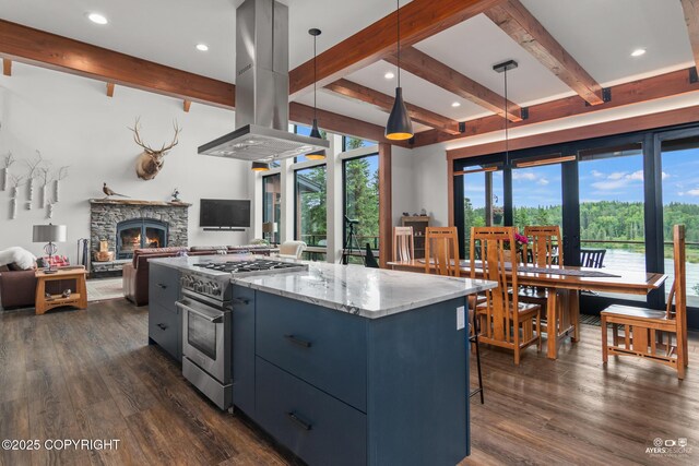 52619 Chumelina Ct, Kasilof, AK 99610 - kitchen with high end stainless steel range, modern cabinets, island range hood, beamed ceiling, and dark wood-style flooring