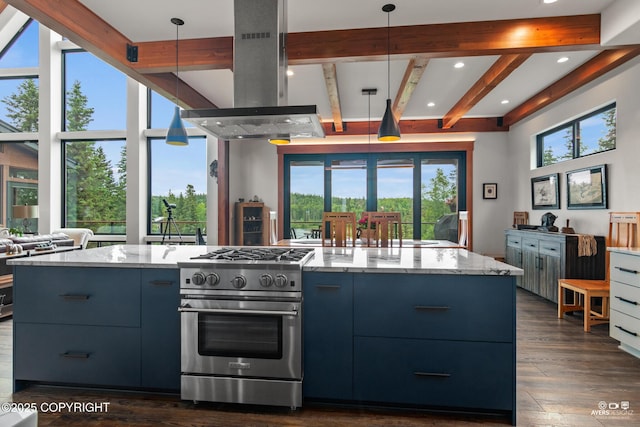 52619 Chumelina Ct, Kasilof, AK 99610 - kitchen featuring high end stove, modern cabinets, island range hood, beamed ceiling, and dark wood-style floors