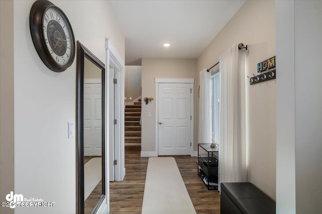 1630 S Corwin Ln, Wasilla, AK 99654 - hallway with dark wood-type flooring, stairs, baseboards, and recessed lighting