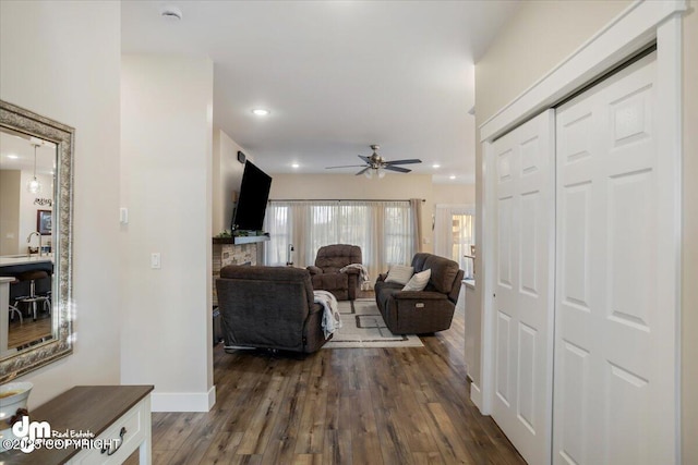 1630 S Corwin Ln, Wasilla, AK 99654 - living area with a ceiling fan, dark wood finished floors, recessed lighting, and baseboards