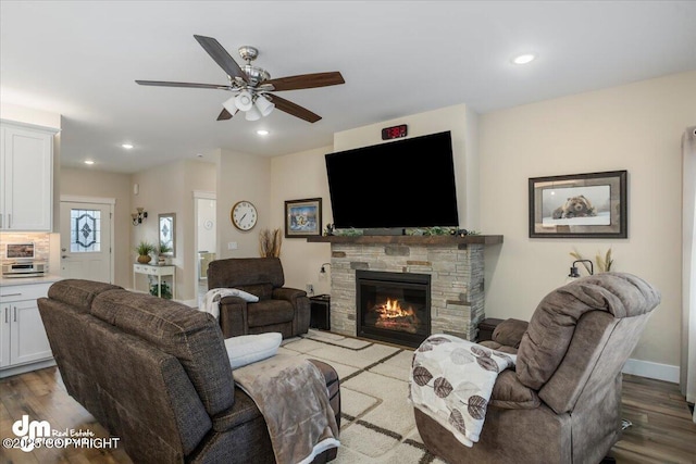 1630 S Corwin Ln, Wasilla, AK 99654 - living area featuring ceiling fan, wood finished floors, a fireplace, and recessed lighting