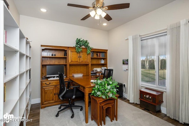 1630 S Corwin Ln, Wasilla, AK 99654 - office space with ceiling fan, light wood-type flooring, baseboards, and recessed lighting