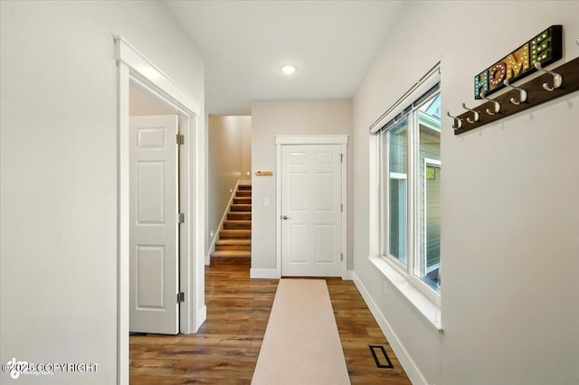 1630 S Corwin Ln, Wasilla, AK 99654 - hall with wood finished floors, stairs, and recessed lighting