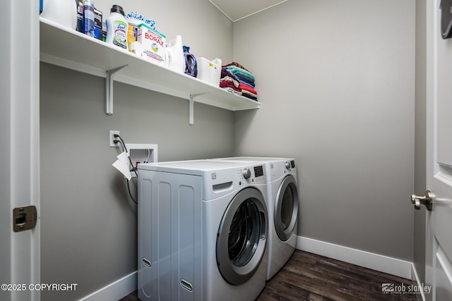 6552 N Michelle Rae St, Wasilla, AK 99654 - washroom featuring separate washer and dryer, baseboards, and dark wood-style flooring