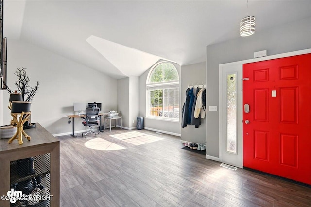 1320 S Felton St, Palmer, AK 99645 - foyer entrance with wood finished floors, vaulted ceiling, baseboards, and a skylight