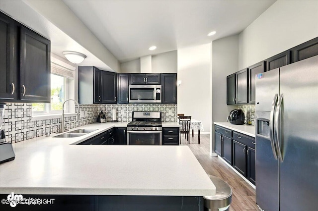 1320 S Felton St, Palmer, AK 99645 - kitchen featuring stainless steel appliances, a sink, light countertops, tasteful backsplash, and lofted ceiling
