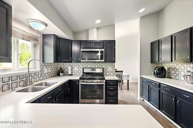 1320 S Felton St, Palmer, AK 99645 - kitchen with appliances with stainless steel finishes, a sink, backsplash, light countertops, and wood finished floors