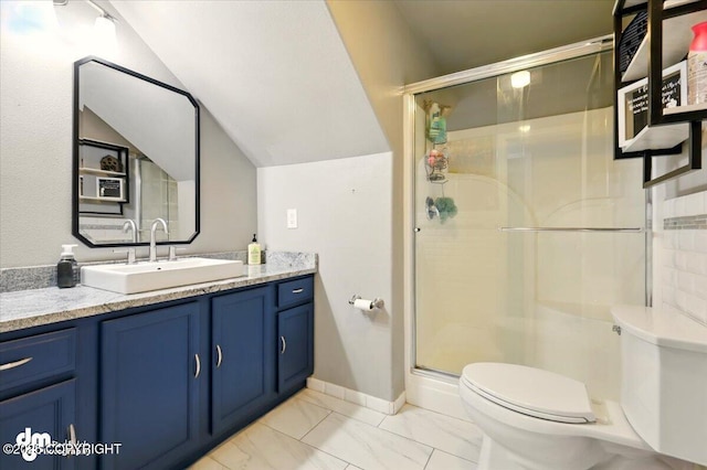 1320 S Felton St, Palmer, AK 99645 - bathroom featuring toilet, vanity, a shower stall, and lofted ceiling