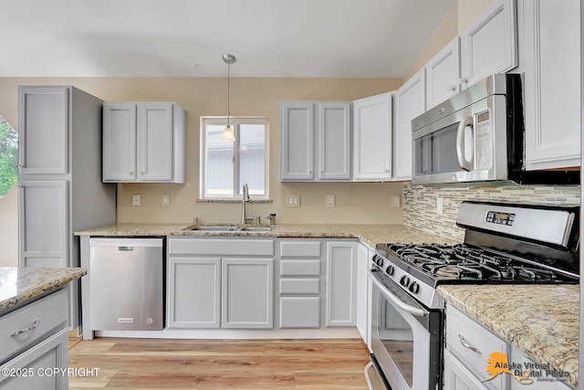 3233 Tayshee Cir, Anchorage, AK 99504 - kitchen featuring appliances with stainless steel finishes, a sink, light wood-style floors, decorative light fixtures, and tasteful backsplash
