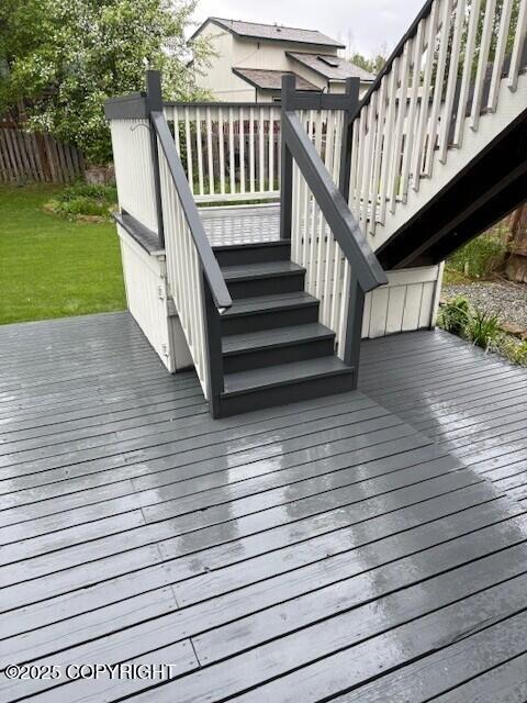3233 Tayshee Cir, Anchorage, AK 99504 - wooden terrace featuring stairs and a yard