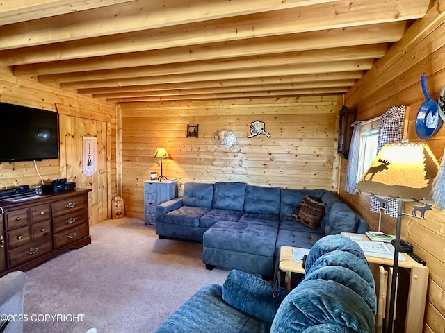 31795 Whiskey Gulch St, Anchor Point, AK 99556 - carpeted living area featuring beam ceiling and wood walls