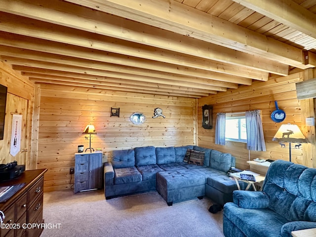 31795 Whiskey Gulch St, Anchor Point, AK 99556 - living room with beam ceiling, wooden walls, and carpet flooring