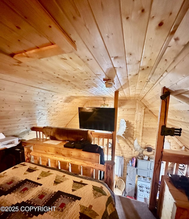 31795 Whiskey Gulch St, Anchor Point, AK 99556 - bedroom featuring wooden ceiling, wood walls, and vaulted ceiling