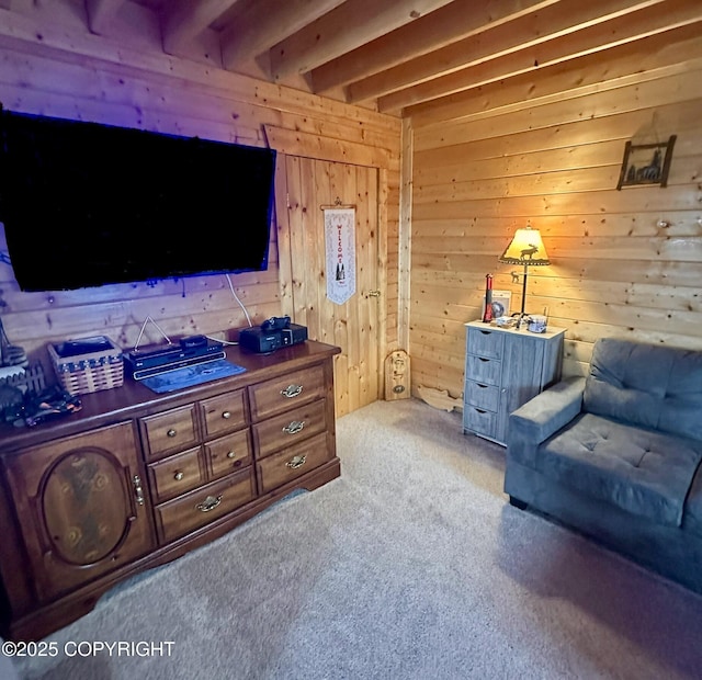 31795 Whiskey Gulch St, Anchor Point, AK 99556 - carpeted living room with wood walls and beamed ceiling