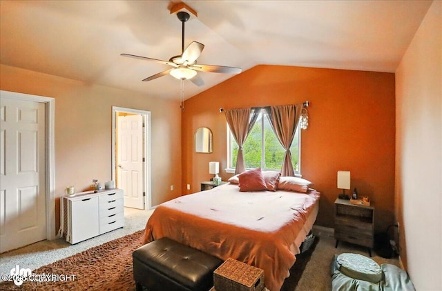 20182 Eagles Nest Ct # 5B, Eagle River, AK 99577 - bedroom featuring light carpet, vaulted ceiling, and ceiling fan