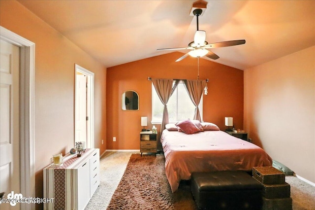 20182 Eagles Nest Ct # 5B, Eagle River, AK 99577 - bedroom with light carpet, vaulted ceiling, baseboards, and ceiling fan