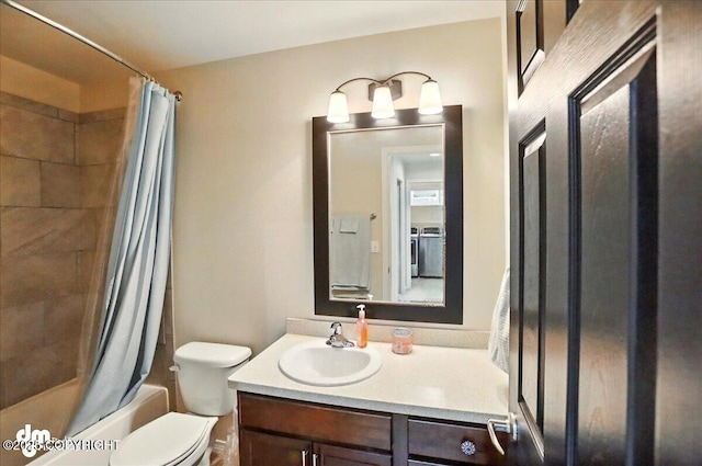 20182 Eagles Nest Ct # 5B, Eagle River, AK 99577 - full bathroom featuring vanity, toilet, and shower / bathtub combination with curtain