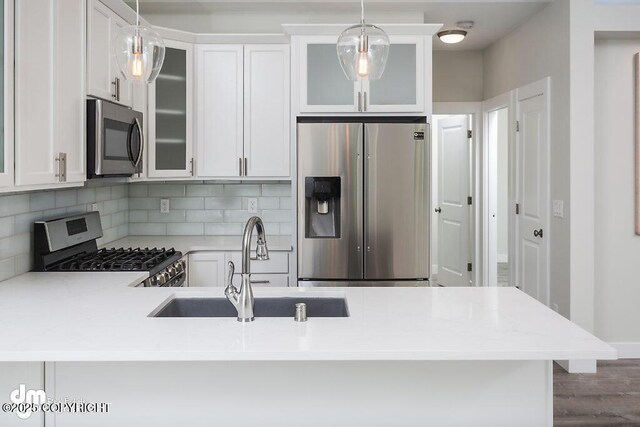 1521 N Kerry Ln, Wasilla, AK 99654 - kitchen featuring appliances with stainless steel finishes, light countertops, decorative backsplash, glass insert cabinets, and white cabinetry