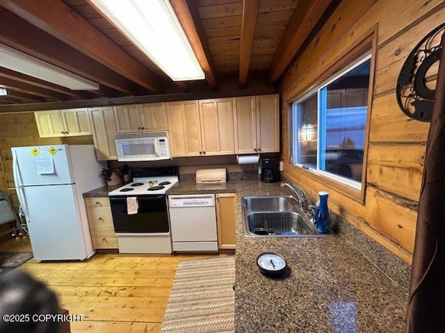 2525 Sterling Hwy, Homer, AK 99603 - kitchen featuring white appliances, a sink, dark countertops, wooden walls, and light wood finished floors