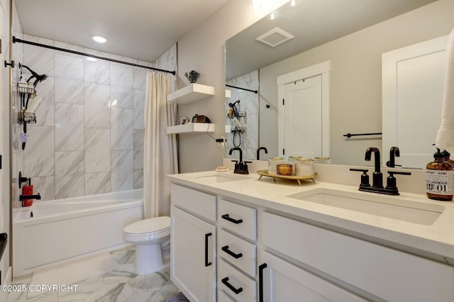 8784 Dry Creek Loop # 40A, Anchorage, AK 99502 - full bathroom featuring double vanity, shower / bathtub combination with curtain, toilet, and marble finish floors