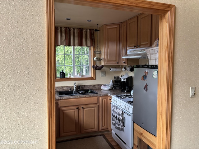 41873 S Running River Dr, Remote, AK 99676 - kitchen with a sink, white gas stove, freestanding refrigerator, under cabinet range hood, and a textured wall