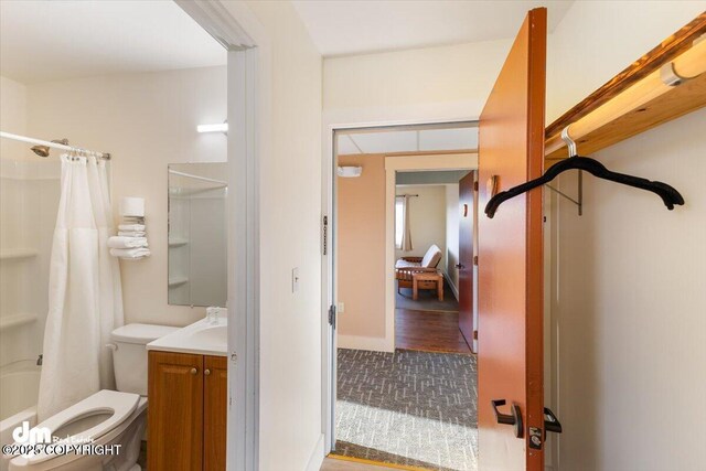 147 E Pioneer Ave, Homer, AK 99603 - bathroom with toilet, vanity, shower / bath combo with shower curtain, and wood finished floors