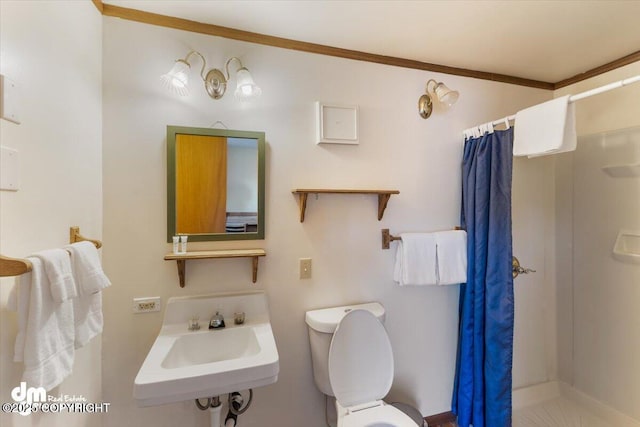 147 E Pioneer Ave, Homer, AK 99603 - full bath with a sink, curtained shower, ornamental molding, and toilet