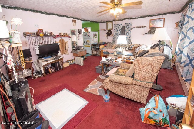 1403 W 34th Ave, Anchorage, AK 99503 - carpeted living room featuring ceiling fan
