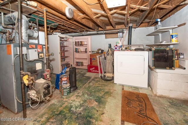 1403 W 34th Ave, Anchorage, AK 99503 - unfinished basement featuring washer / clothes dryer and a heating unit