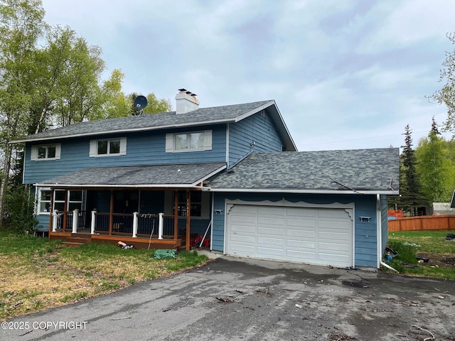 19413 First St, Eagle River, AK 99577 - view of front of home with a porch, a chimney, a shingled roof, driveway, and an attached garage