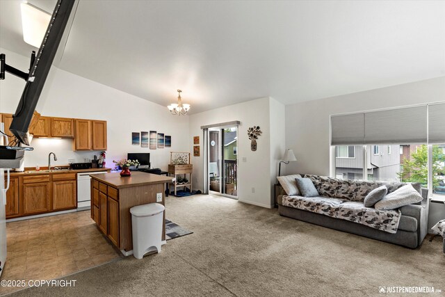 2266 Brookshire Loop, Anchorage, AK 99504 - kitchen featuring open floor plan, a sink, dark countertops, white dishwasher, and lofted ceiling