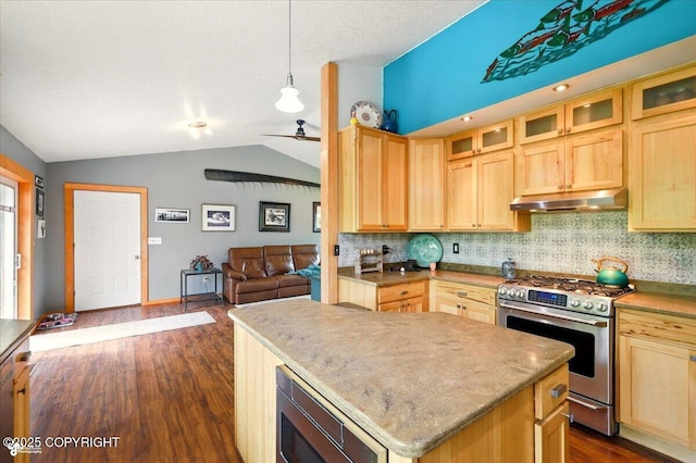 655 N Smith Rd, Palmer, AK 99645 - kitchen with appliances with stainless steel finishes, under cabinet range hood, light brown cabinetry, dark wood-type flooring, and lofted ceiling