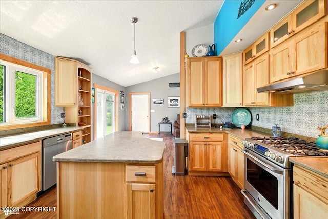 655 N Smith Rd, Palmer, AK 99645 - kitchen featuring appliances with stainless steel finishes, light brown cabinetry, under cabinet range hood, vaulted ceiling, and a textured ceiling