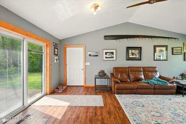 655 N Smith Rd, Palmer, AK 99645 - living area featuring lofted ceiling, wood finished floors, ceiling fan, and baseboards