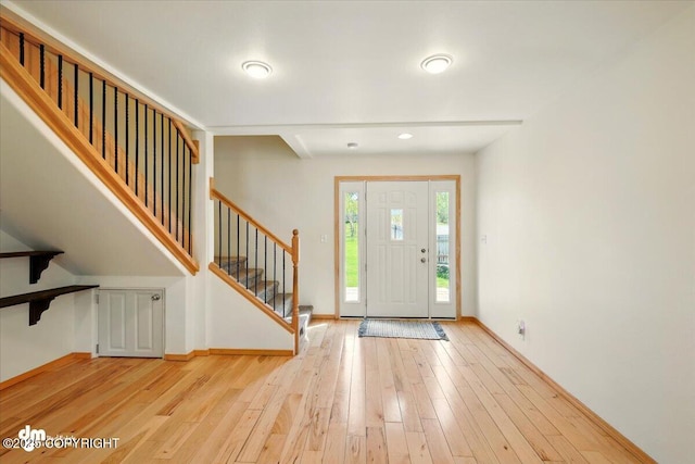 4588 Gold Mint Dr, Wasilla, AK 99654 - entryway featuring stairway, light wood-type flooring, baseboards, and recessed lighting